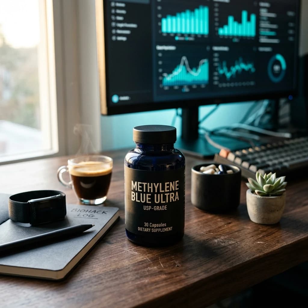 Biohacker desk setup with Methylene Blue Ultra bottle, dose log notebook, and tracking dashboard