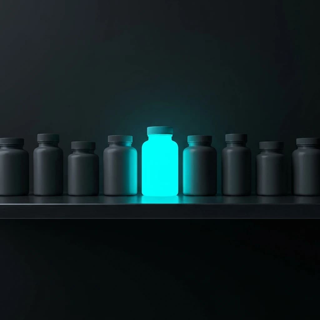 A row of methylene blue supplement bottles lined up for side-by-side comparison on purity, testing, and format