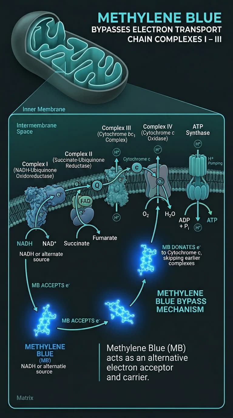 Methylene blue electron transport chain bypass diagram — MB accepts electrons from NADH and donates to cytochrome c, bypassing Complex I through III for ATP production