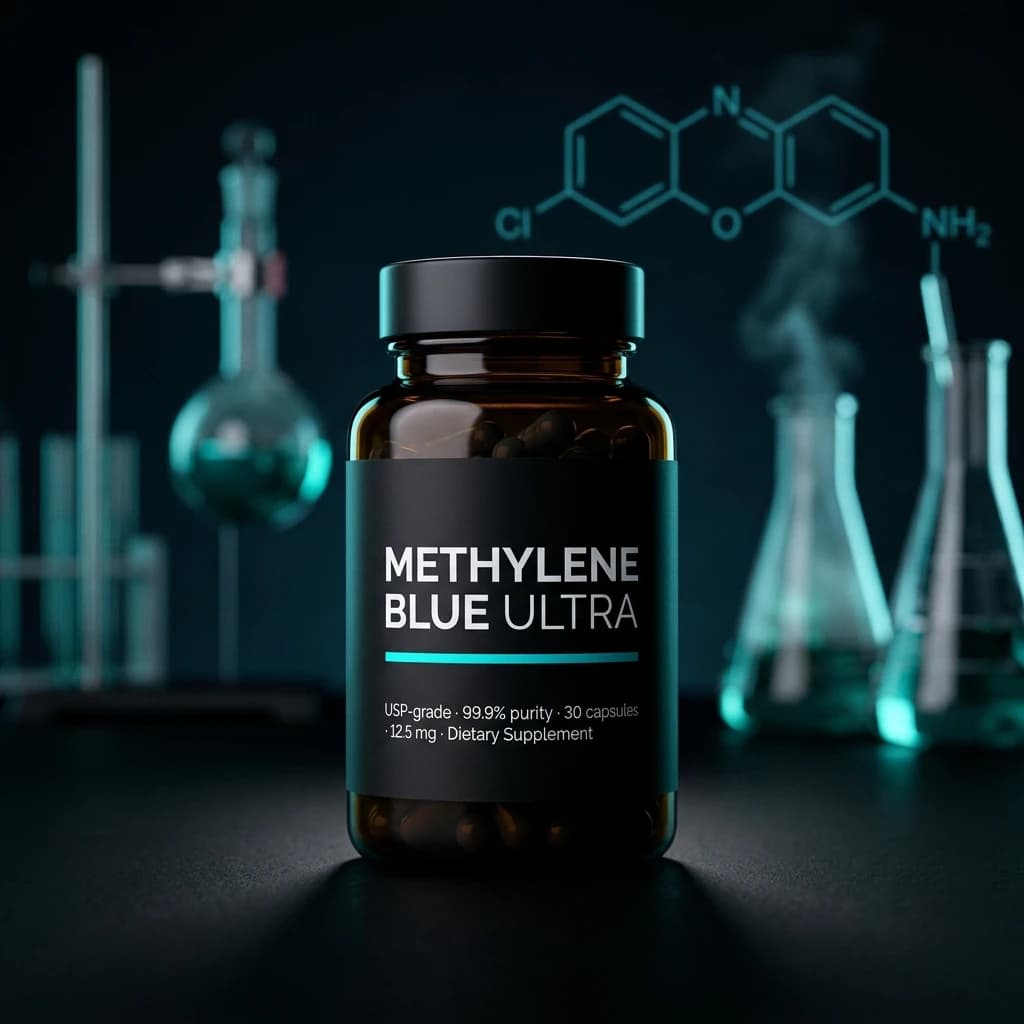 Methylene Blue Ultra USP-grade capsules in a pharmaceutical lab setting