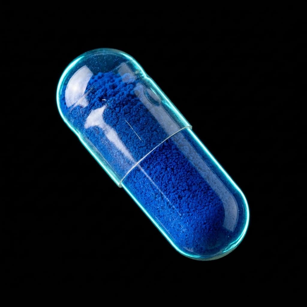 Methylene blue USP-grade capsule with 99.9% purity — transparent capsule filled with blue powder and cyan edge glow