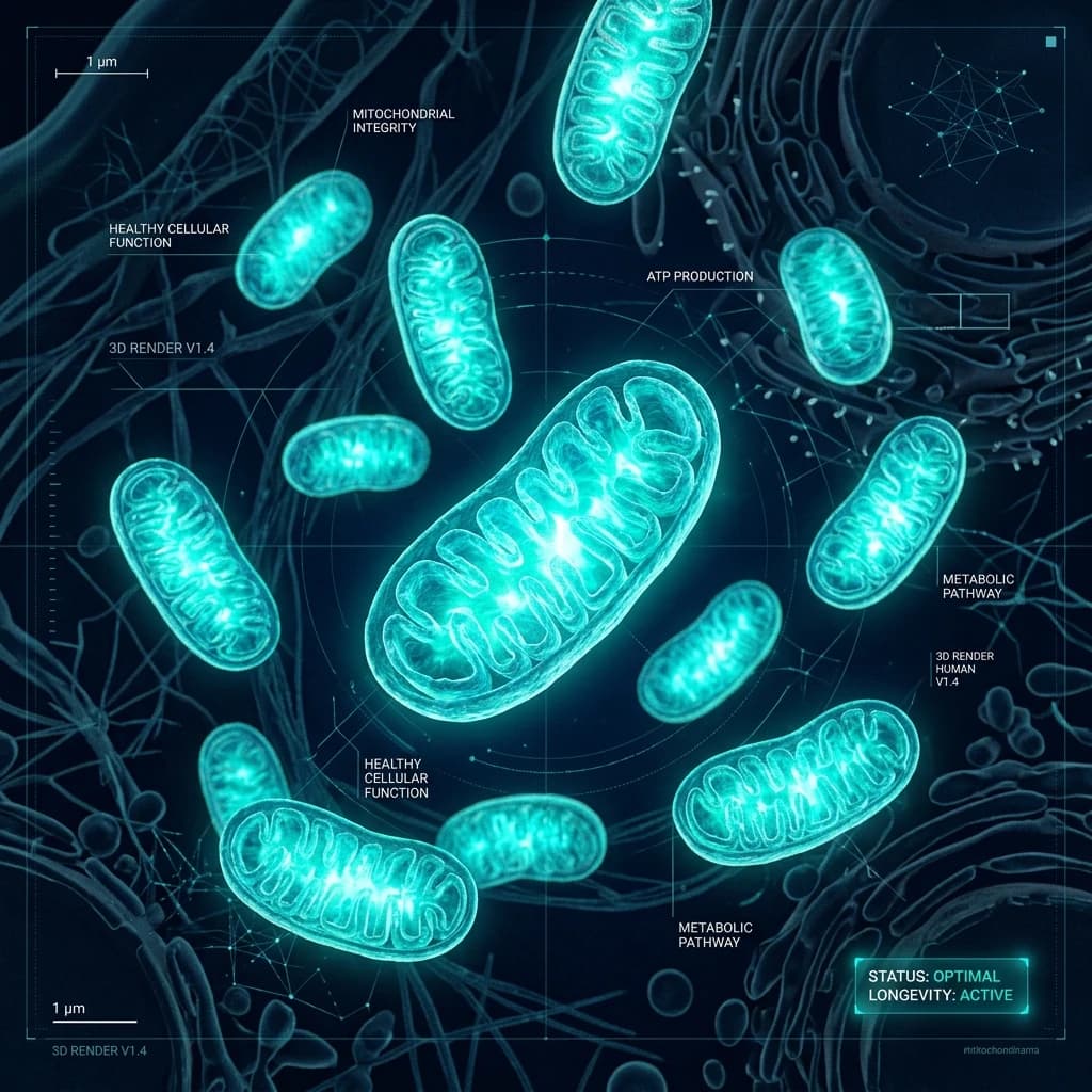 3D render of glowing mitochondria showing ATP production pathways — methylene blue mitochondrial energy science