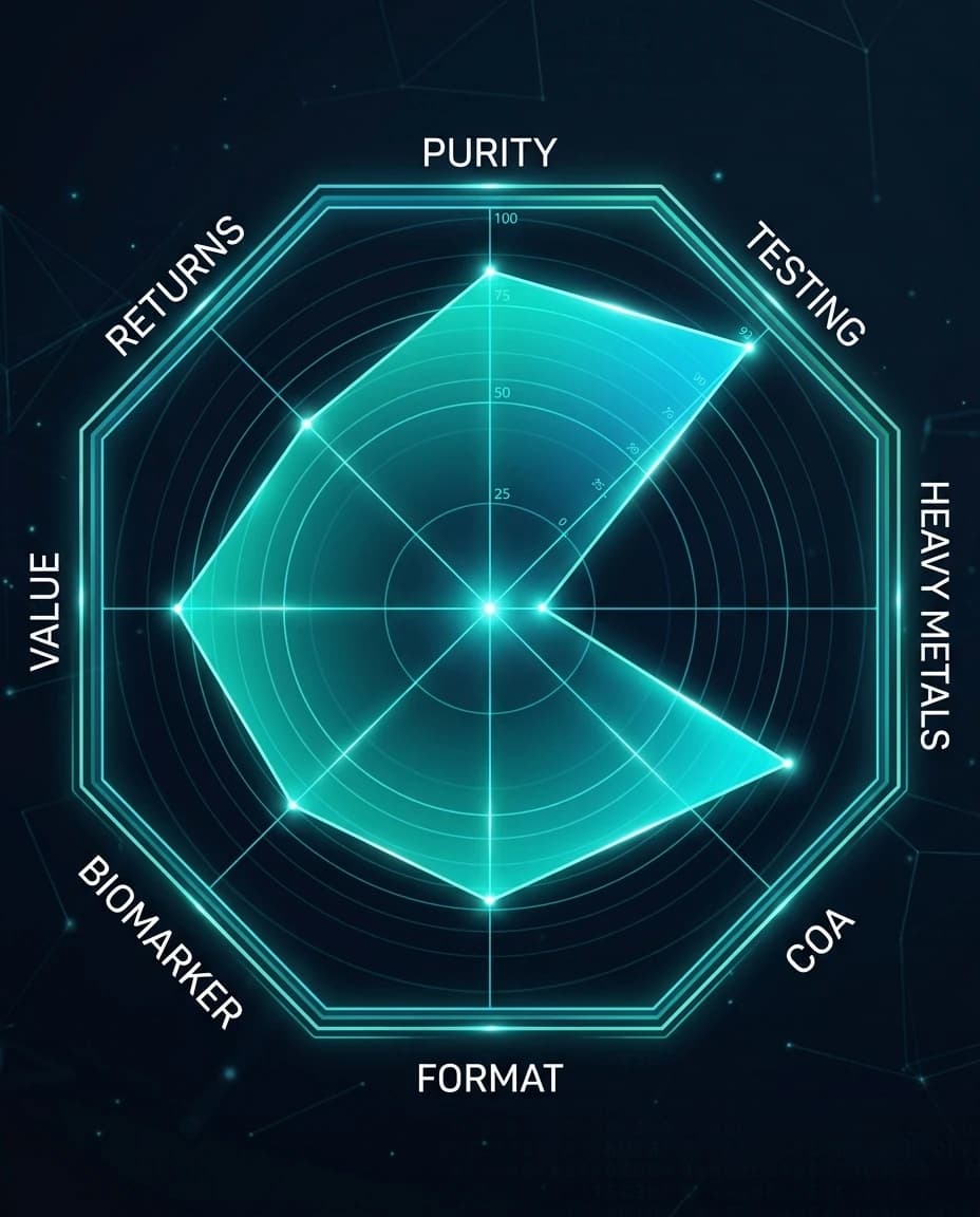 Octagonal radar chart showing 8 methylene blue supplement scoring criteria — purity, testing, heavy metals, COA, format, biomarker, value, returns